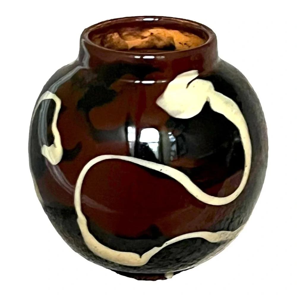 Vietri round terracotta glazed vase brown black tan collection modern Italy 6”.